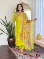 Embroidered Lemon Yellow Kurta Set with Floral Dupatta