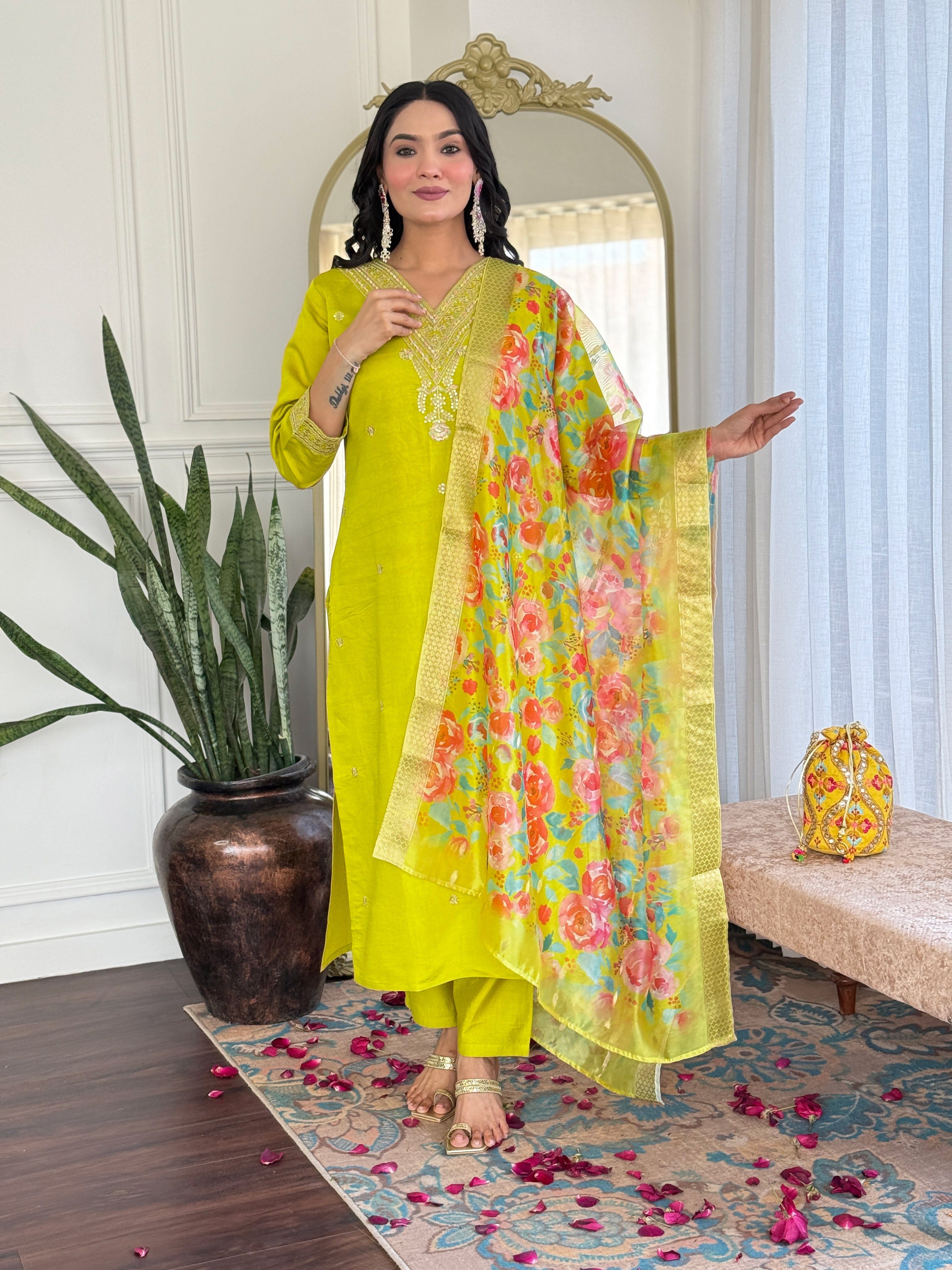 Embroidered Lemon Yellow Kurta Set with Floral Dupatta