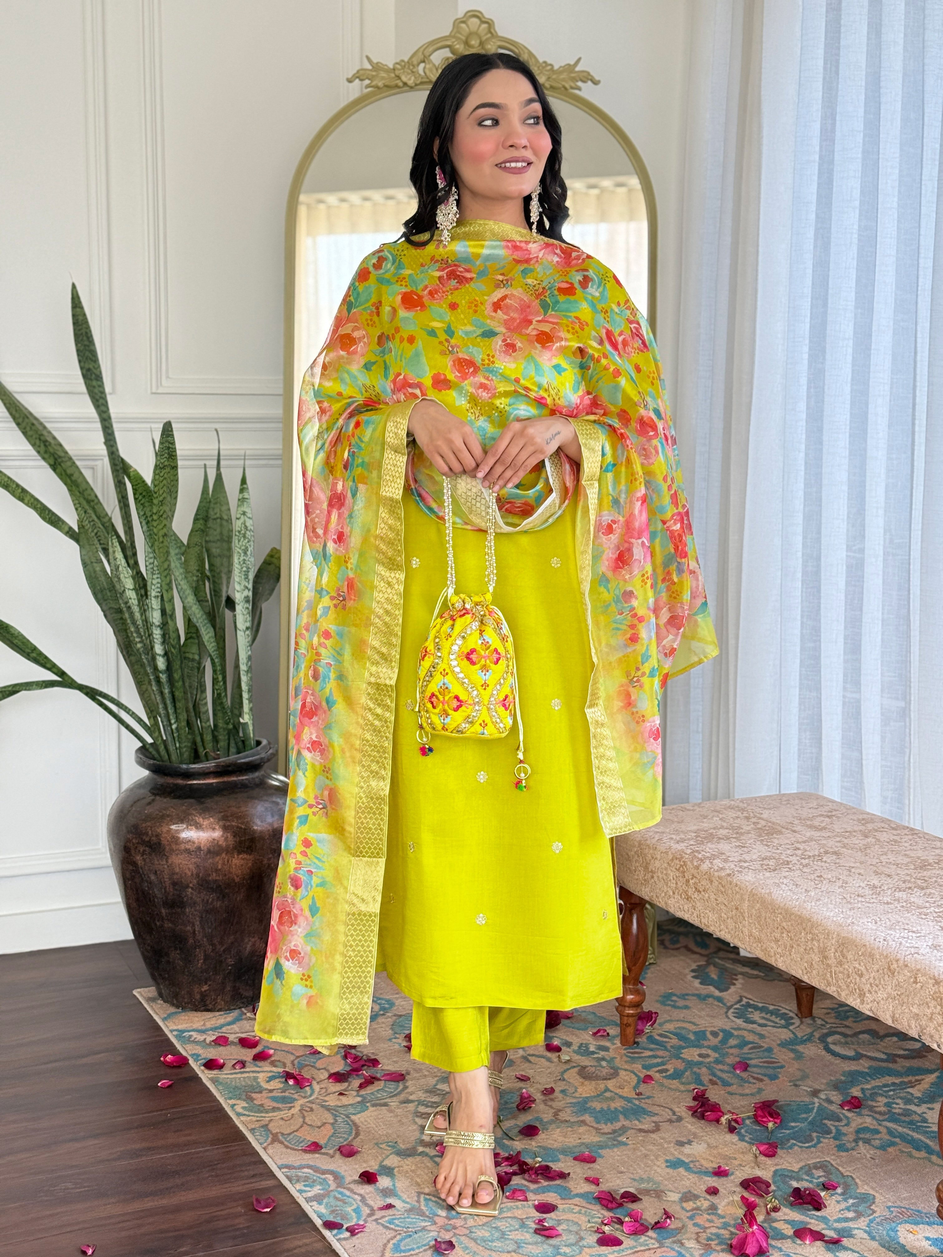 Embroidered Lemon Yellow Kurta Set with Floral Dupatta