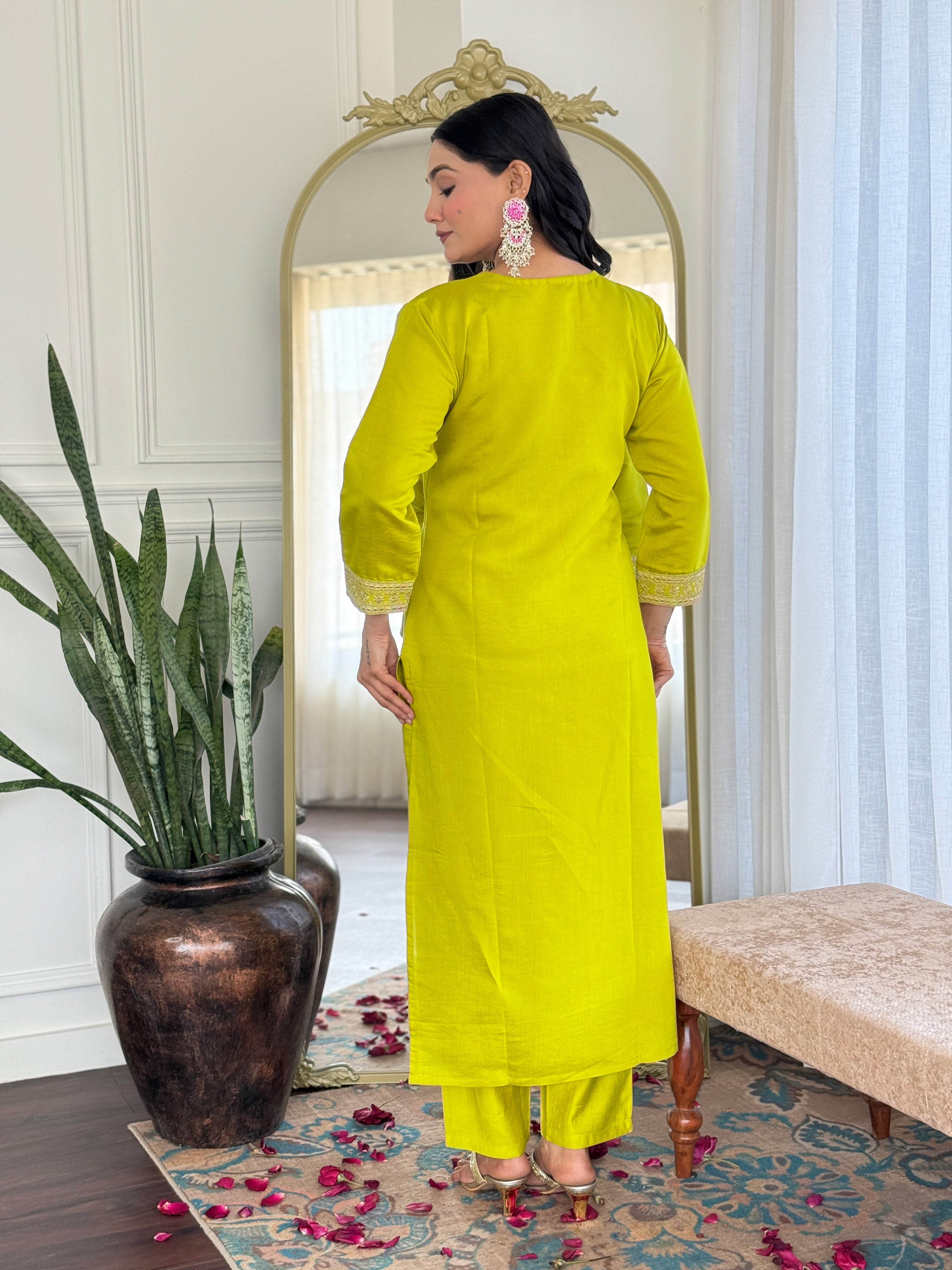 Embroidered Lemon Yellow Kurta Set with Floral Dupatta