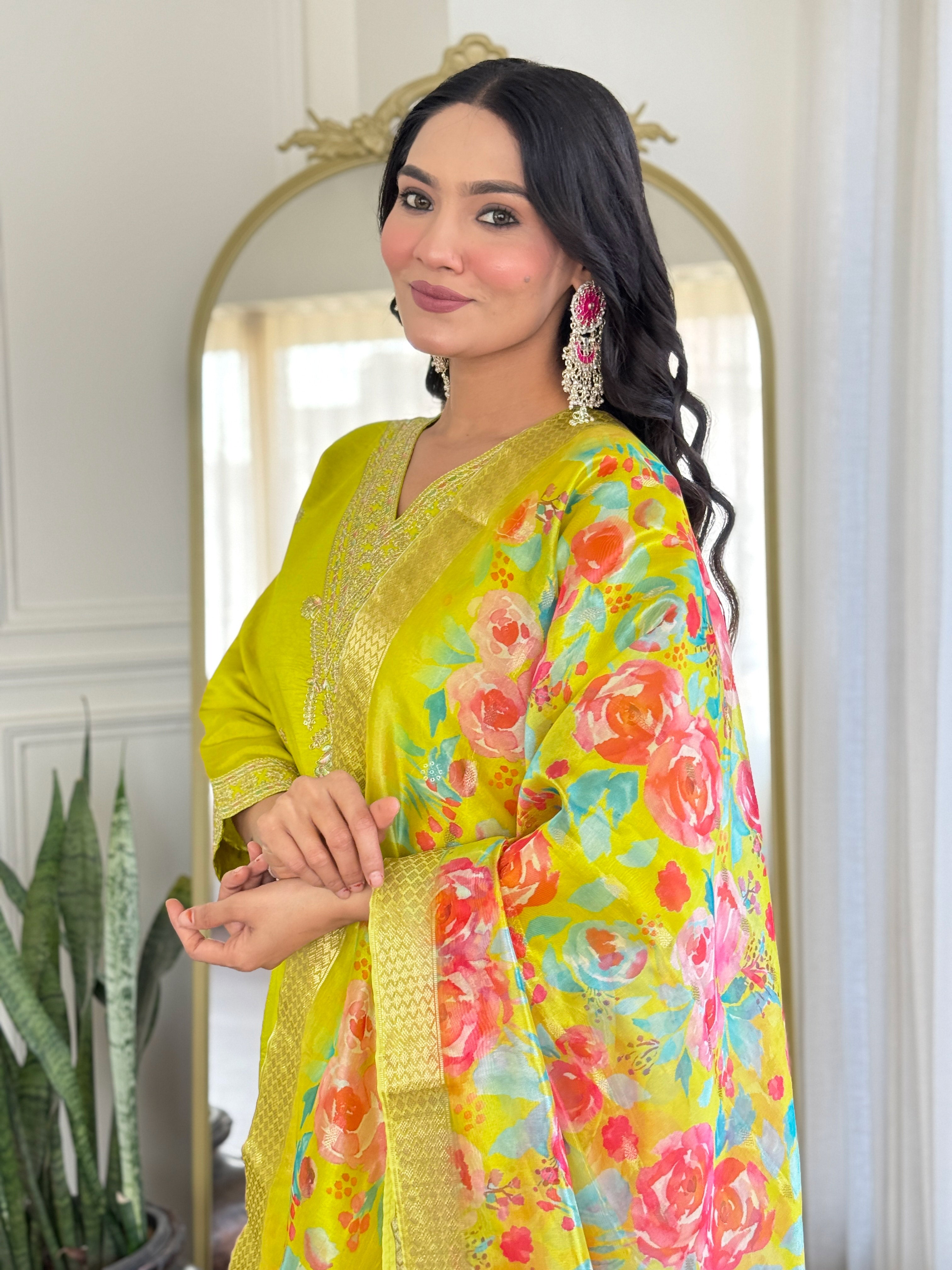 Embroidered Lemon Yellow Kurta Set with Floral Dupatta