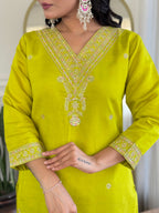 Embroidered Lemon Yellow Kurta Set with Floral Dupatta