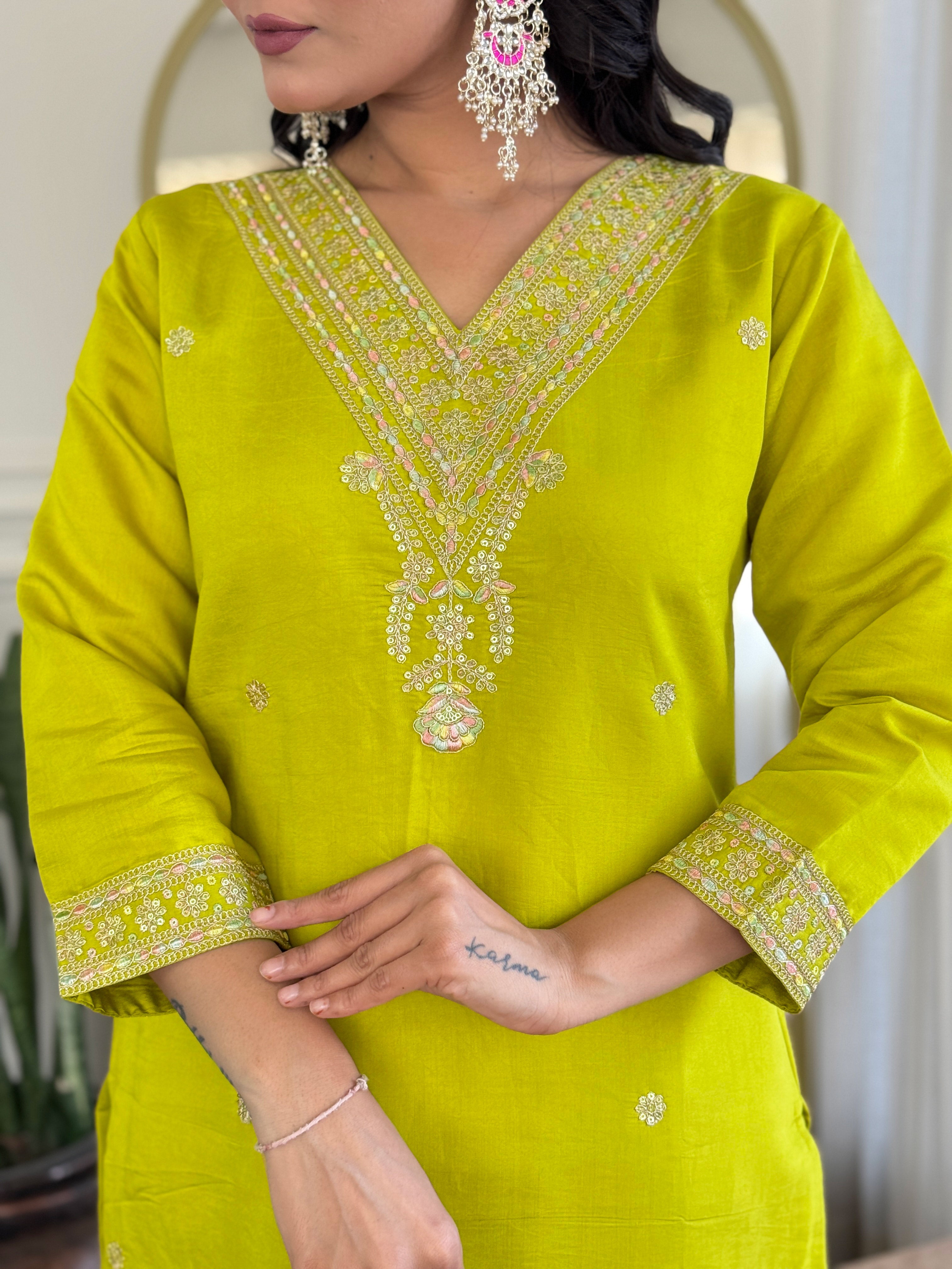 Embroidered Lemon Yellow Kurta Set with Floral Dupatta