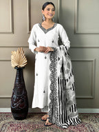 Embroidered White Kurta Set with Printed Dupatta