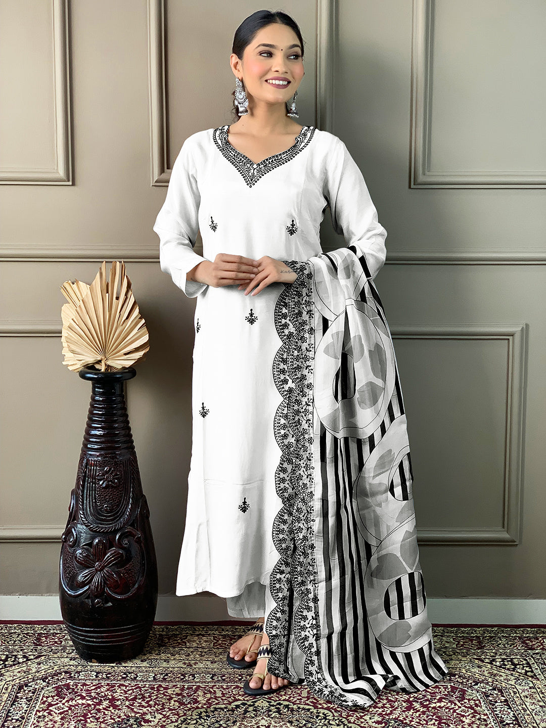 Embroidered White Kurta Set with Printed Dupatta