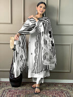 Embroidered White Kurta Set with Printed Dupatta