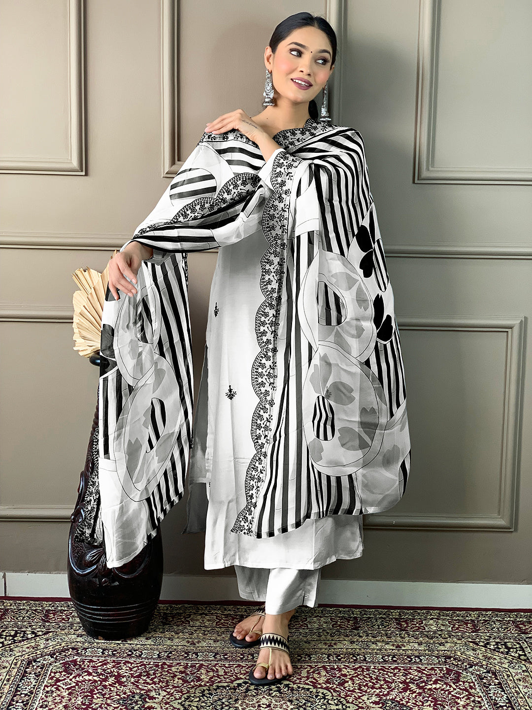 Embroidered White Kurta Set with Printed Dupatta