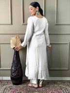 Embroidered White Kurta Set with Printed Dupatta