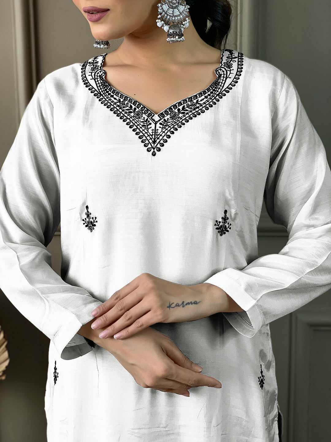 Embroidered White Kurta Set with Printed Dupatta