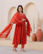 Women's Embroidered Viscose Silk Anarkali Kurta Set with Silk Dupatta
