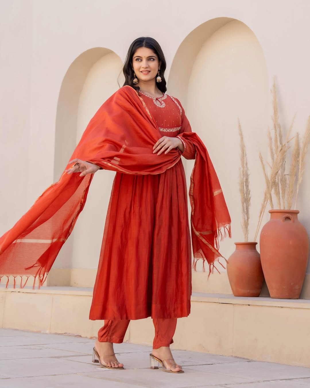 Women's Embroidered Viscose Silk Anarkali Kurta Set with Silk Dupatta