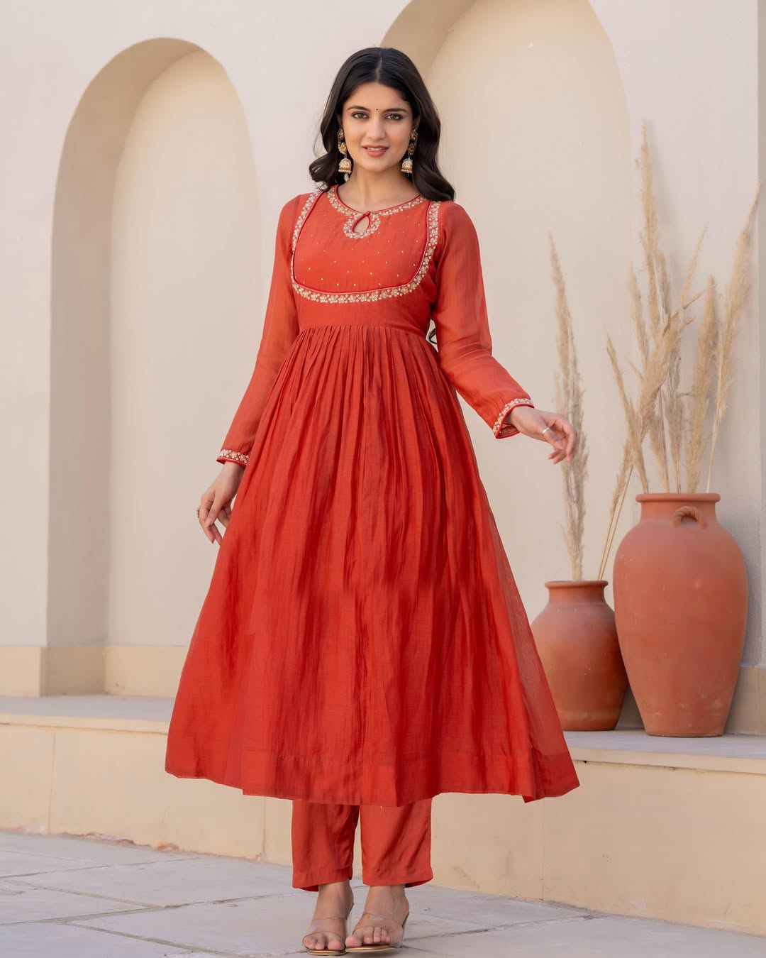 Women's Embroidered Viscose Silk Anarkali Kurta Set with Silk Dupatta