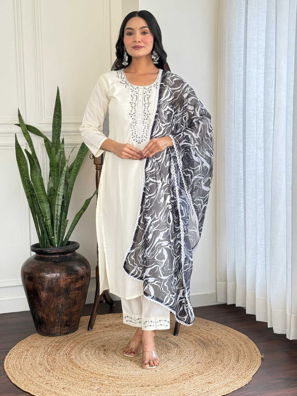 White Embroidered Kurta Set with Marble Print Dupatta