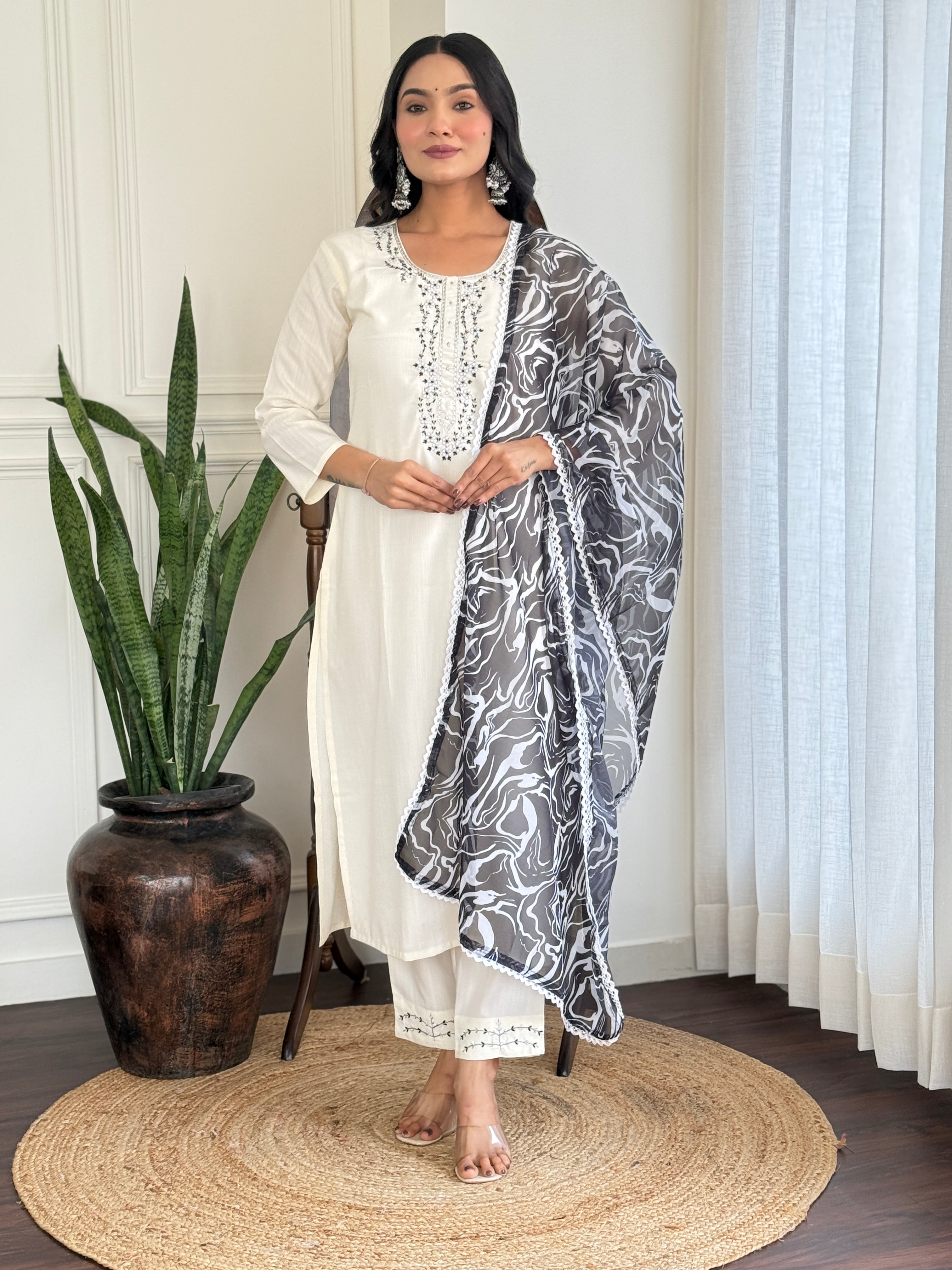 White Embroidered Kurta Set with Marble Print Dupatta