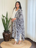 White Embroidered Kurta Set with Marble Print Dupatta