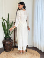 White Embroidered Kurta Set with Marble Print Dupatta
