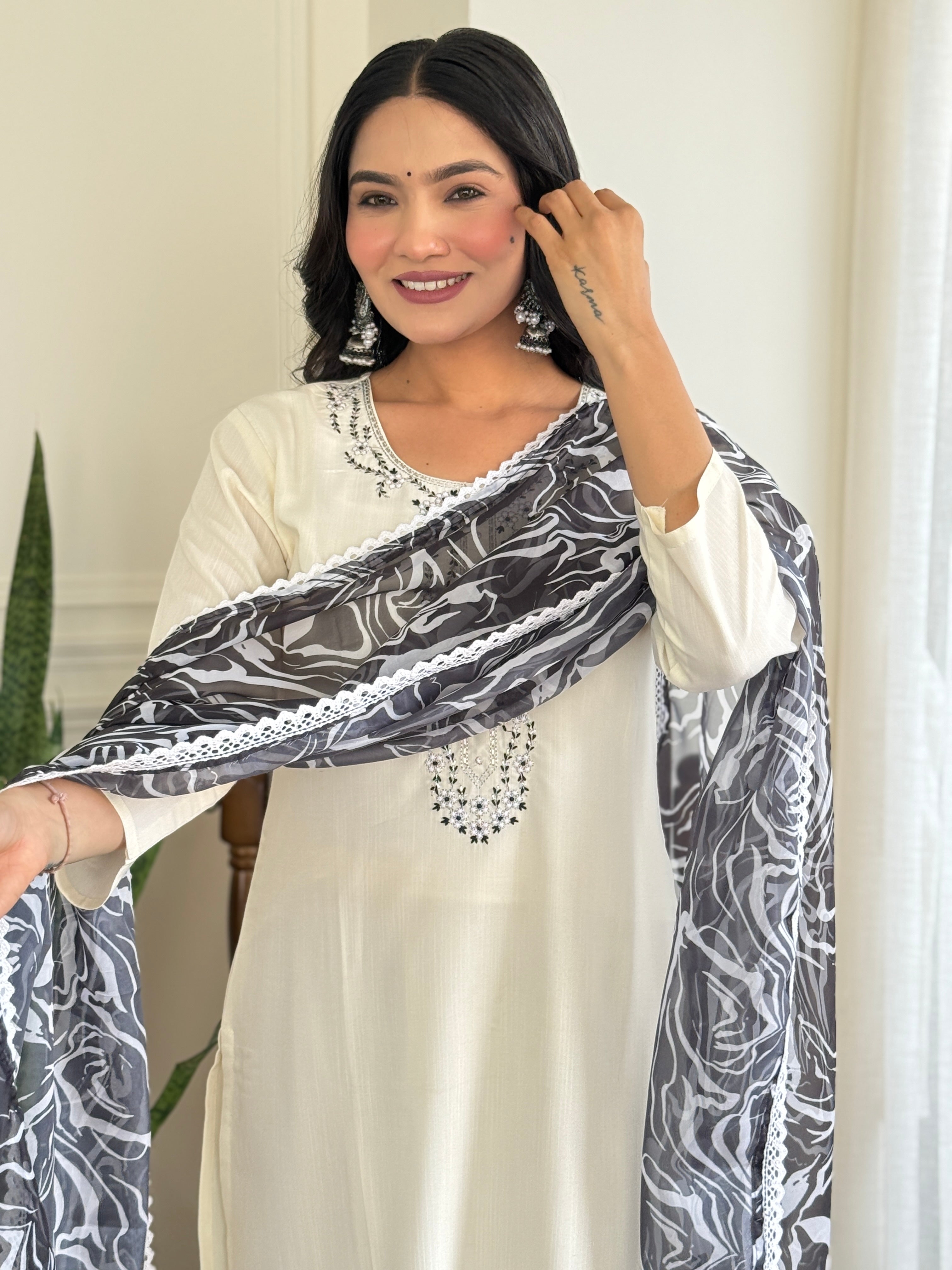 White Embroidered Kurta Set with Marble Print Dupatta