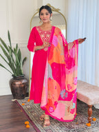 Gajri Pink Viscose Chanderi Embroidered Kurta Set with Printed Linen Dupatta