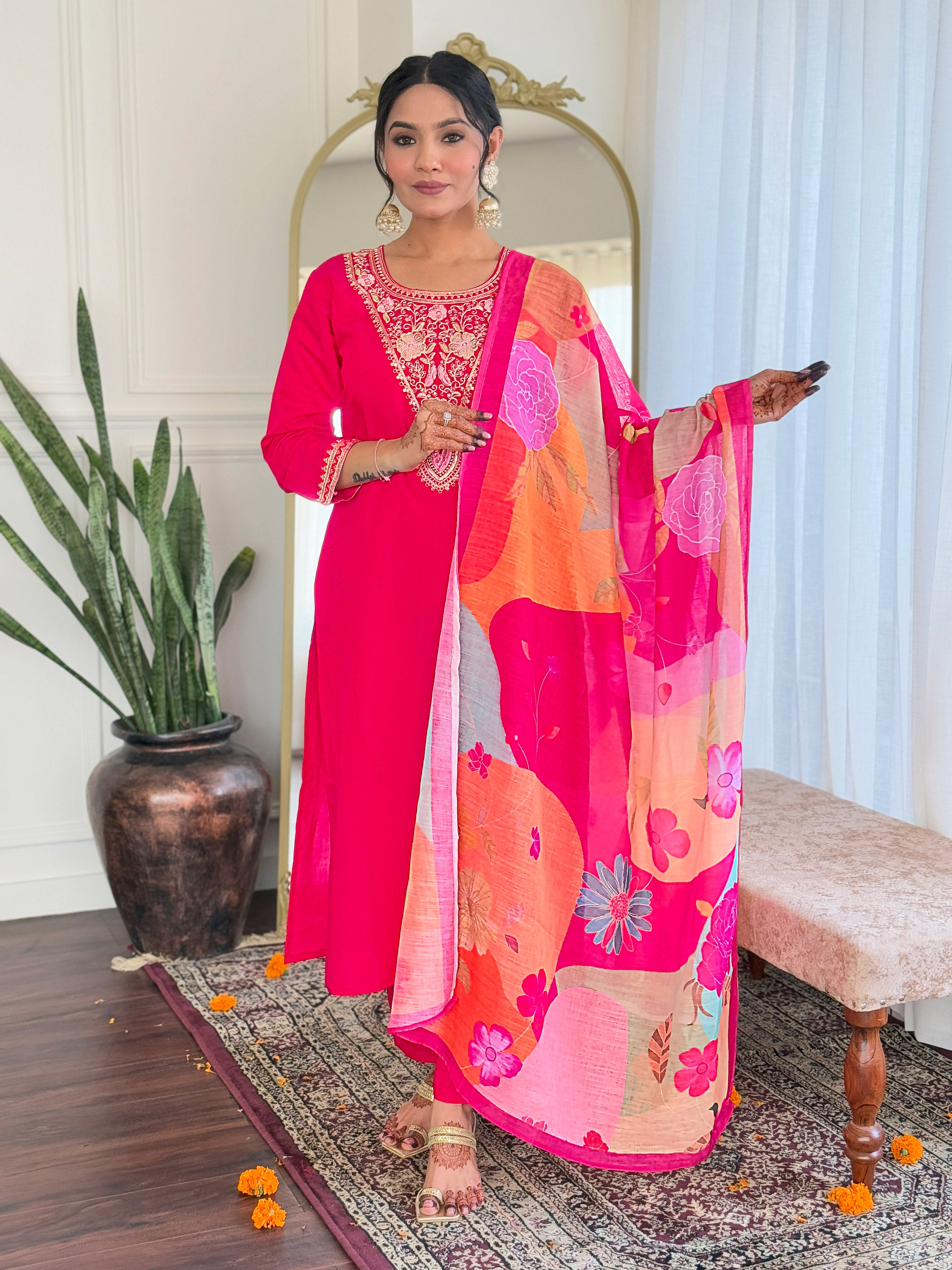 Gajri Pink Viscose Chanderi Embroidered Kurta Set with Printed Linen Dupatta