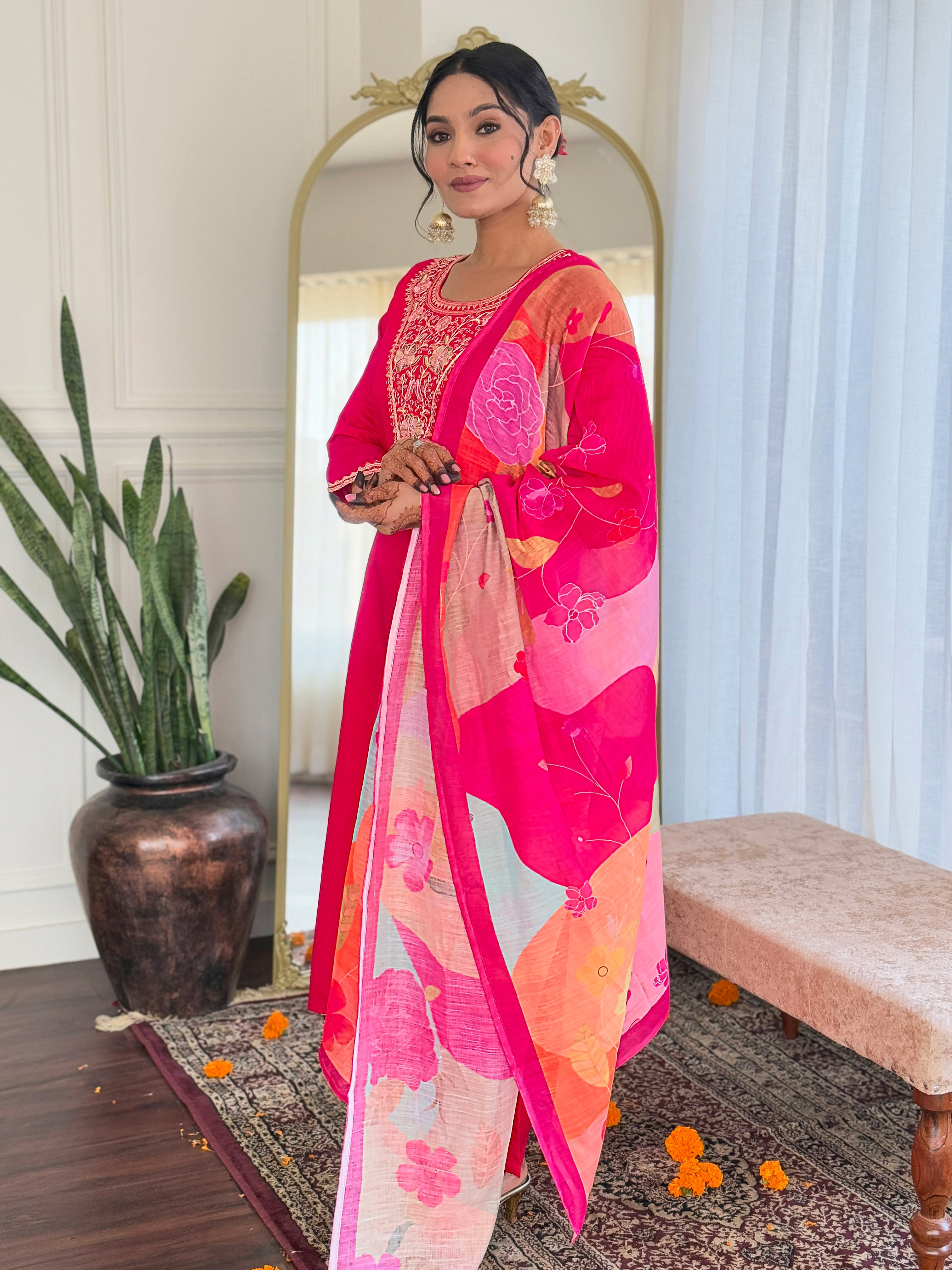Gajri Pink Viscose Chanderi Embroidered Kurta Set with Printed Linen Dupatta