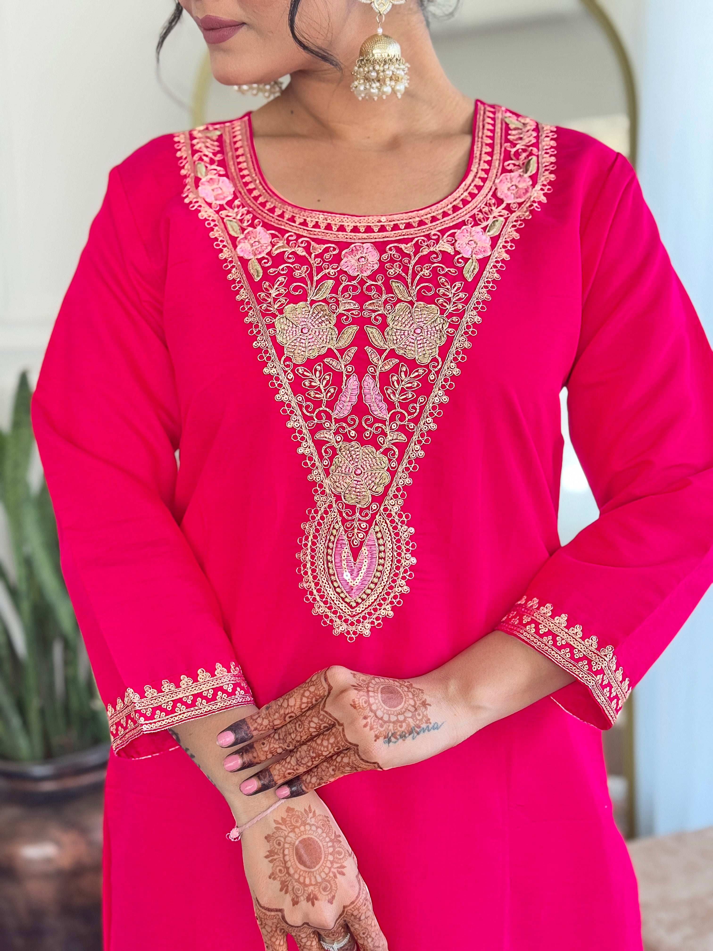 Gajri Pink Viscose Chanderi Embroidered Kurta Set with Printed Linen Dupatta