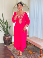 Gajri Pink Viscose Chanderi Embroidered Kurta Set with Printed Linen Dupatta