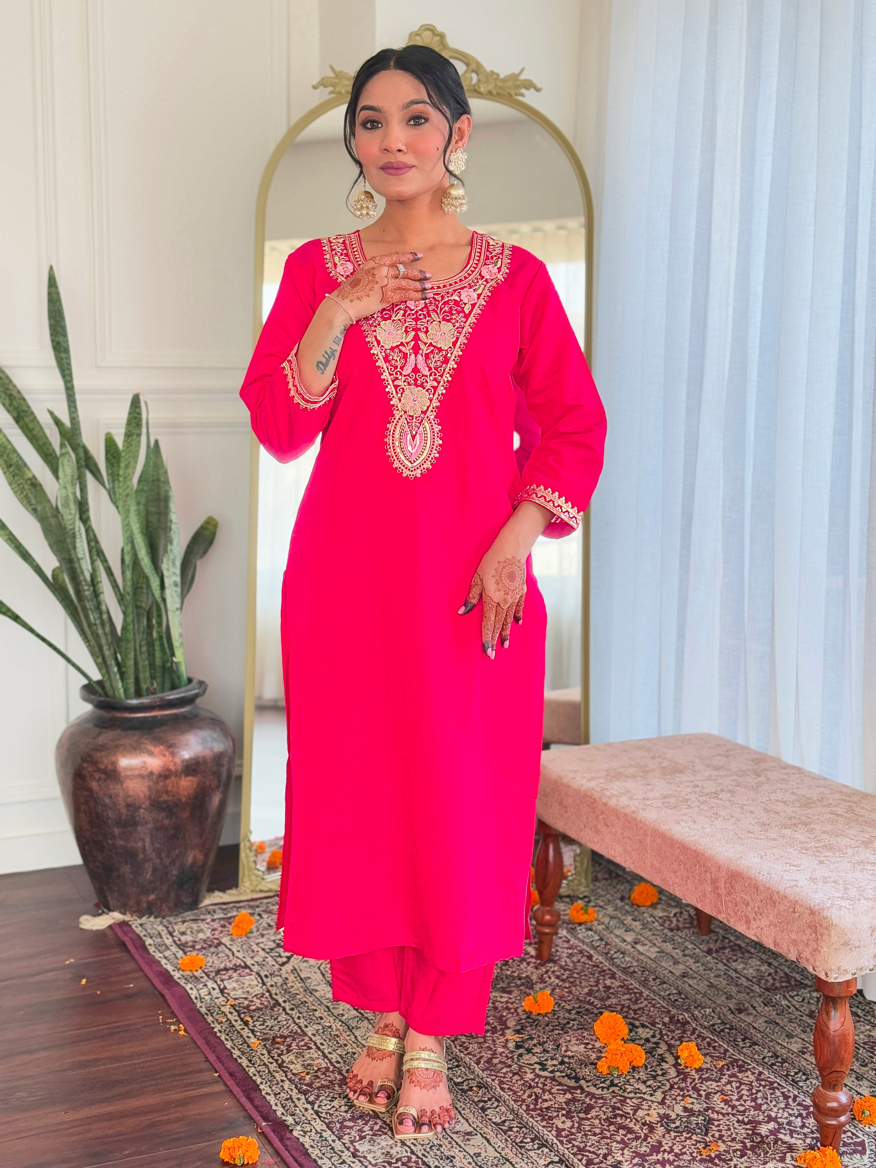 Gajri Pink Viscose Chanderi Embroidered Kurta Set with Printed Linen Dupatta