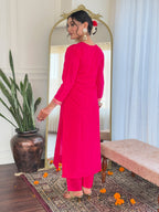 Gajri Pink Viscose Chanderi Embroidered Kurta Set with Printed Linen Dupatta