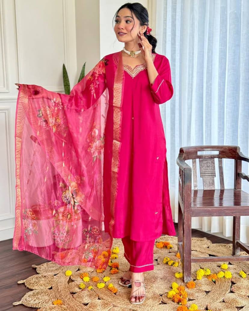 Gajri Pink Viscose Chanderi Embroidered Kurta Set with Jacquard Butti Dupatta