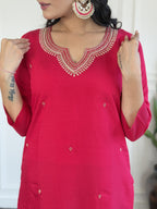 Gajri Pink Viscose Chanderi Embroidered Kurta Set with Jacquard Butti Dupatta