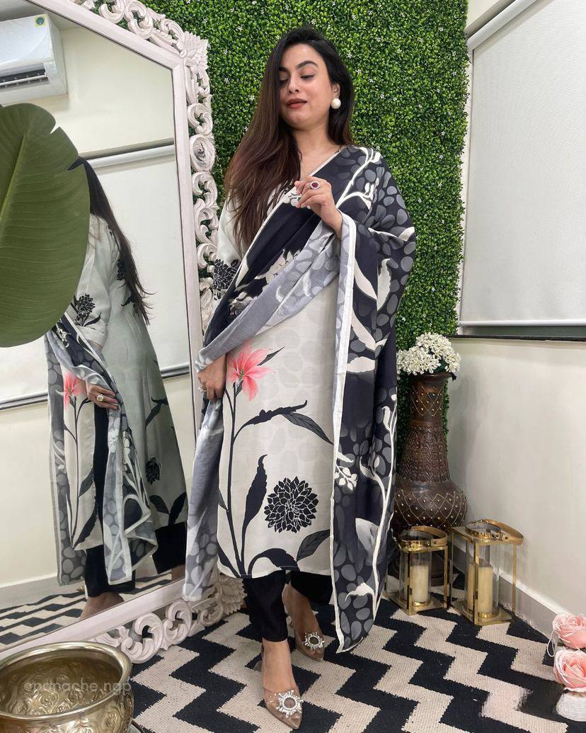 Monochrome Floral Viscose Rayon Kurta Set with Tebby Silk Dupatta