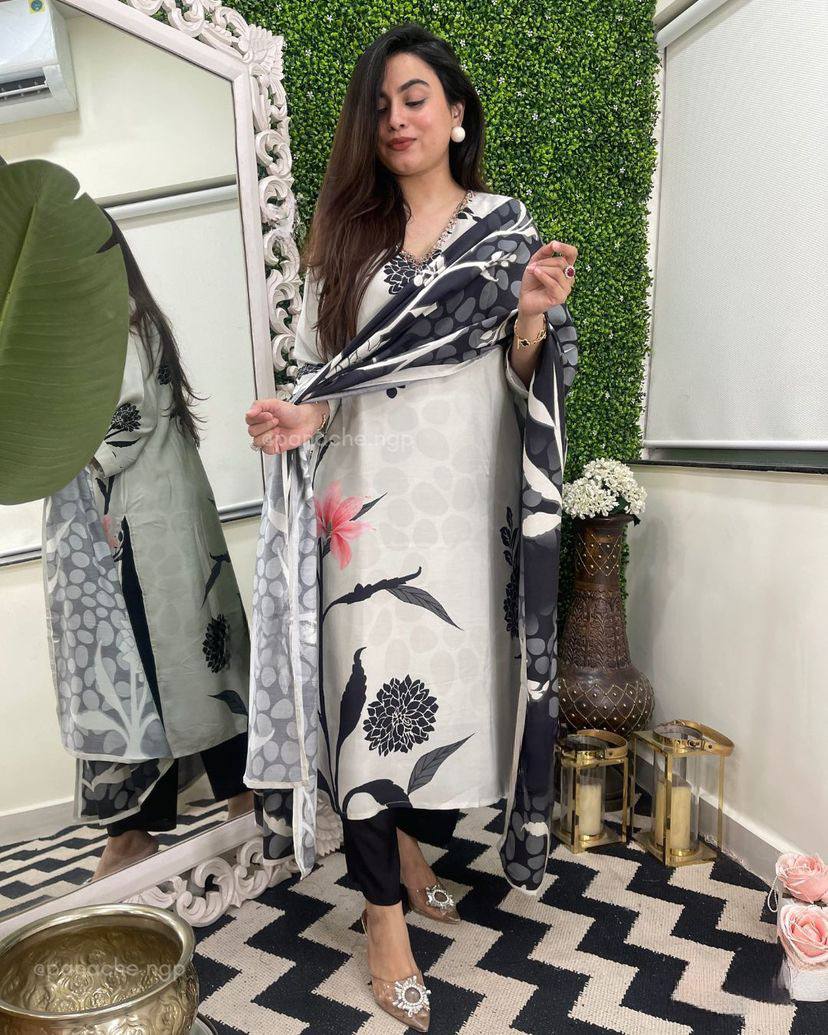 Monochrome Floral Viscose Rayon Kurta Set with Tebby Silk Dupatta