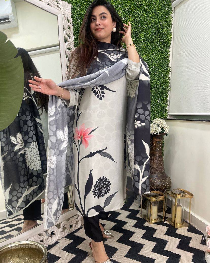 Monochrome Floral Viscose Rayon Kurta Set with Tebby Silk Dupatta