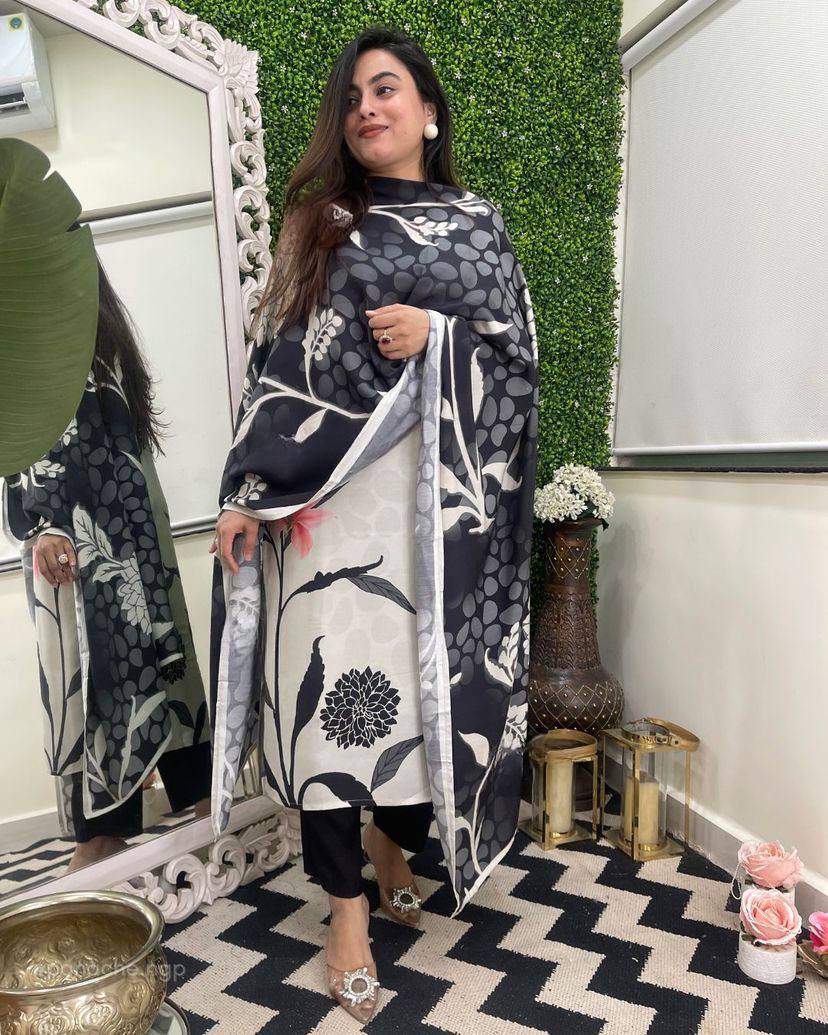 Monochrome Floral Viscose Rayon Kurta Set with Tebby Silk Dupatta