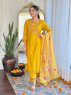 Golden Yellow Silk Embroidered Kurta Set with Taby Silk Dupatta
