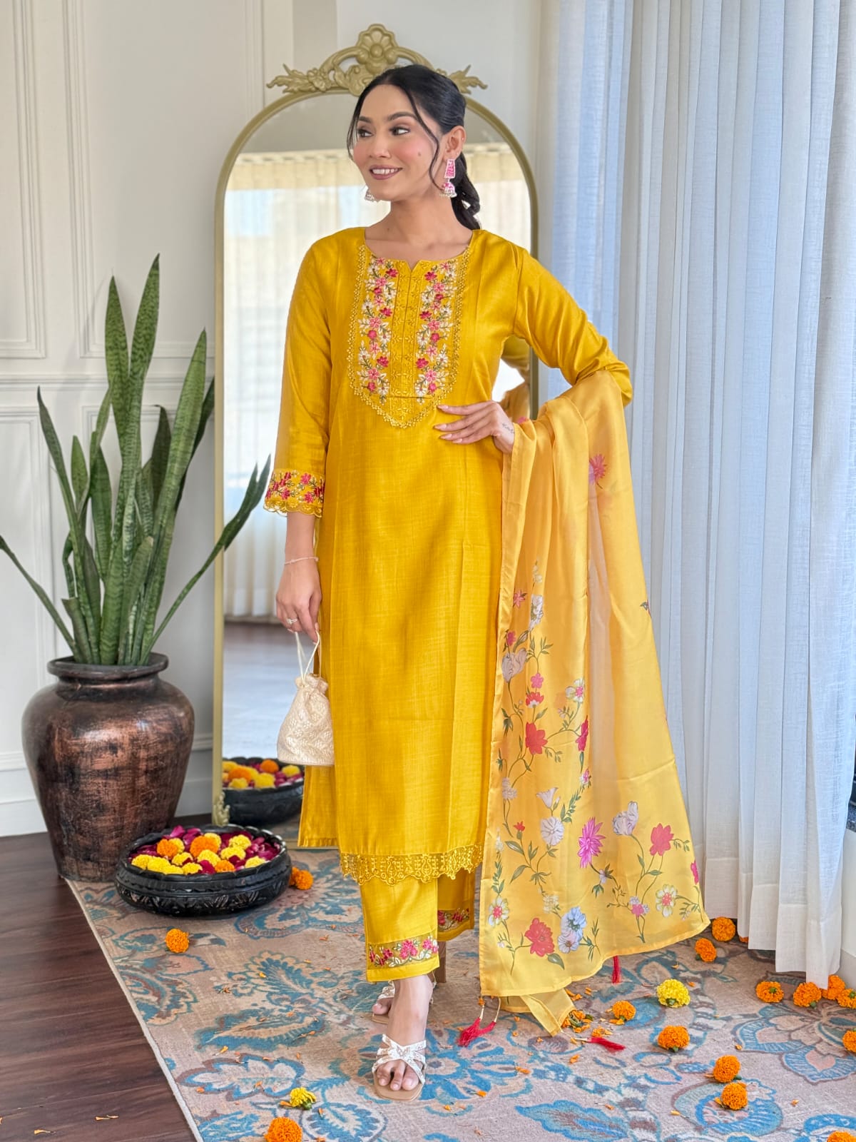 Golden Yellow Silk Embroidered Kurta Set with Taby Silk Dupatta