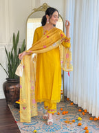 Golden Yellow Silk Embroidered Kurta Set with Taby Silk Dupatta