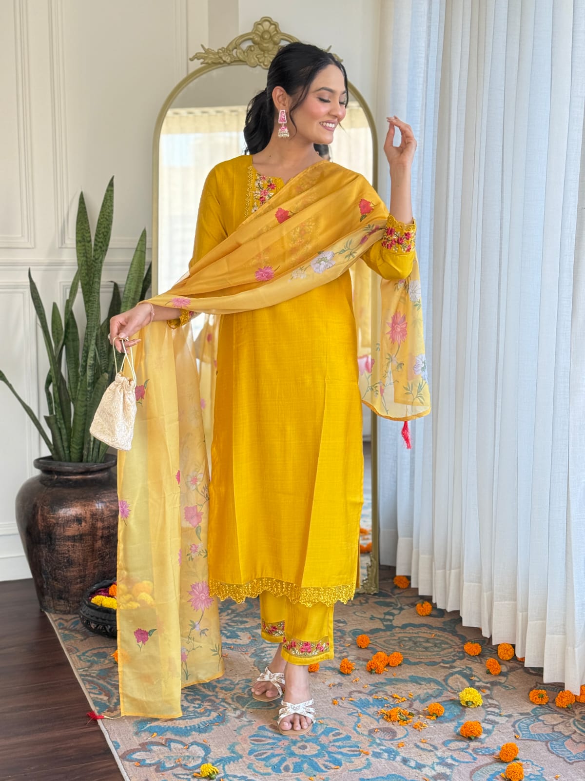 Golden Yellow Silk Embroidered Kurta Set with Taby Silk Dupatta