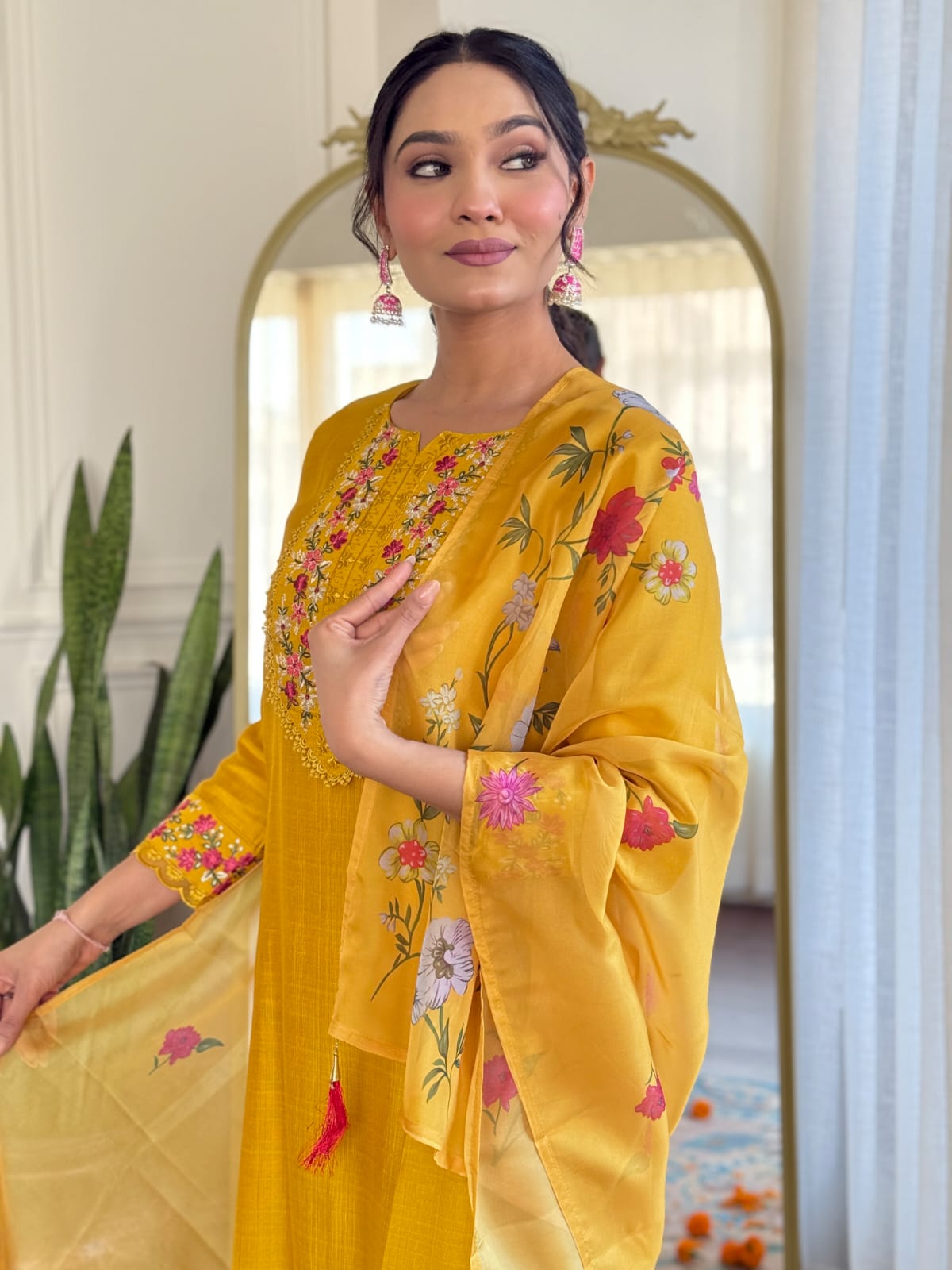 Golden Yellow Silk Embroidered Kurta Set with Taby Silk Dupatta