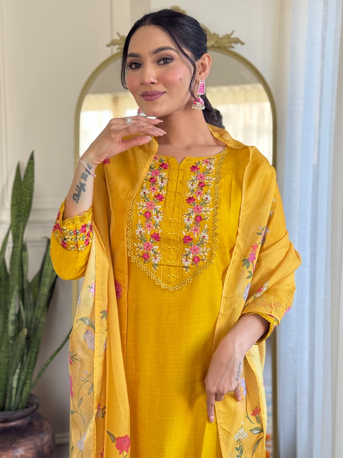 Golden Yellow Silk Embroidered Kurta Set with Taby Silk Dupatta