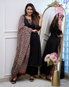 Black Viscose Embroidered Kurta Set with Chanderi Digital Print Dupatta