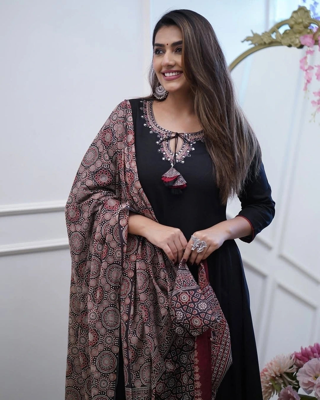 Black Viscose Embroidered Kurta Set with Chanderi Digital Print Dupatta
