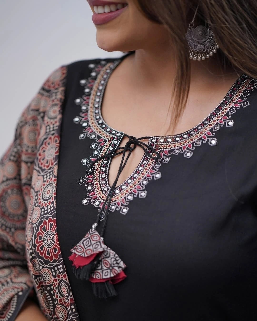 Black Viscose Embroidered Kurta Set with Chanderi Digital Print Dupatta