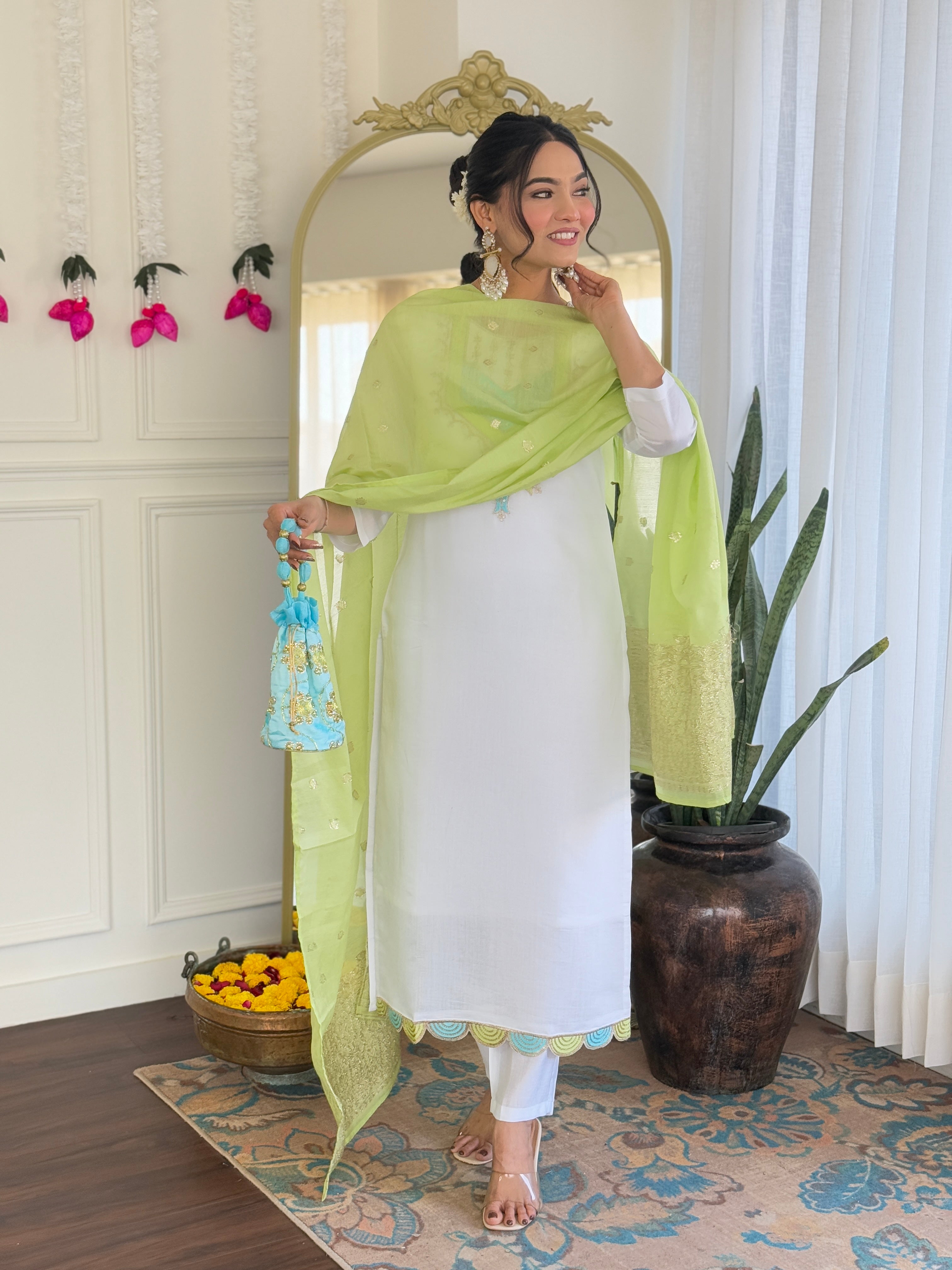White Viscose Chanderi Embroidered Kurta Set with Green Jacquard Dupatta