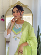 White Viscose Chanderi Embroidered Kurta Set with Green Jacquard Dupatta