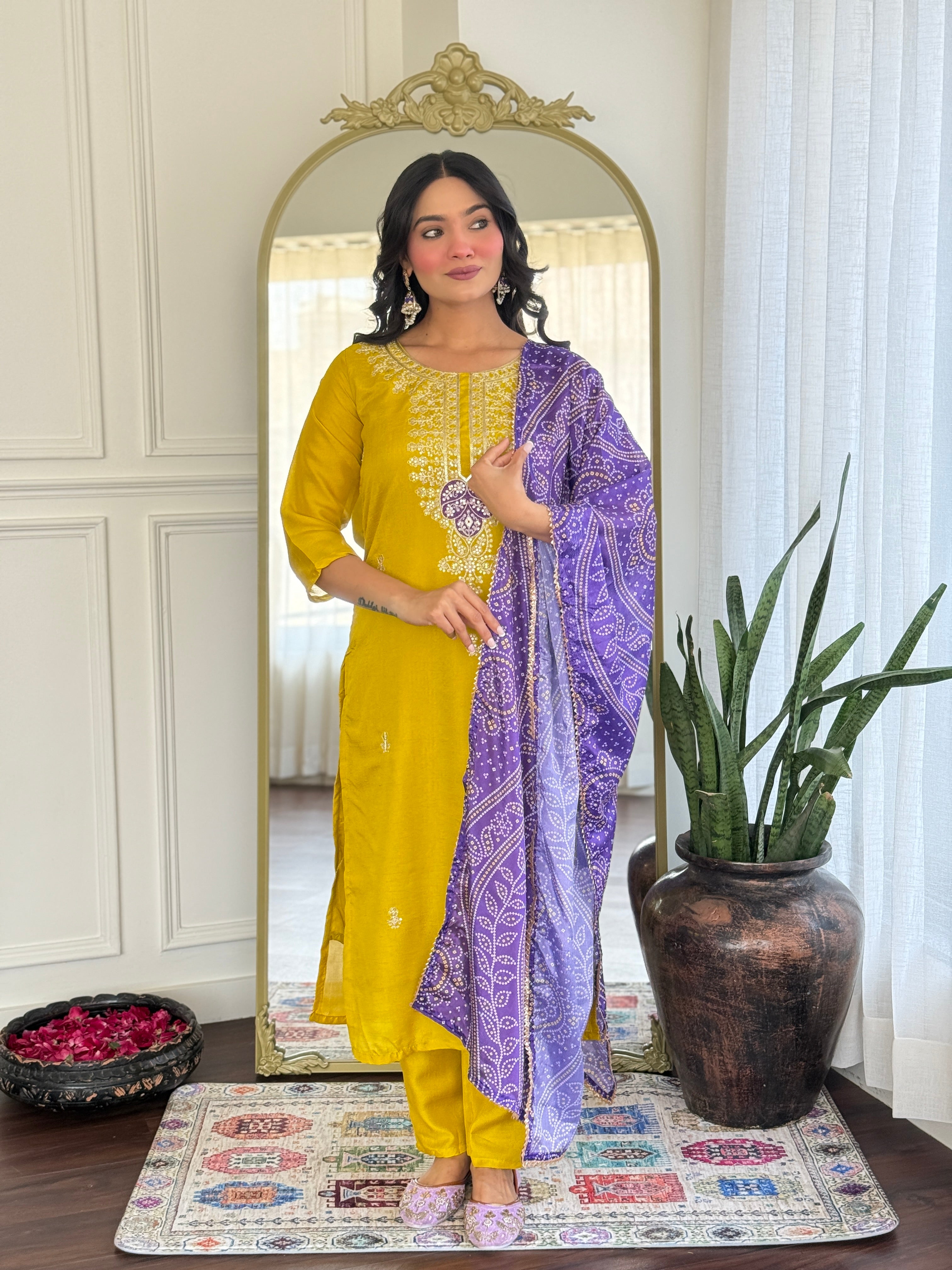 Mustard Vichitra Silk Embroidered Suit with Purple Digital Print Dupatta