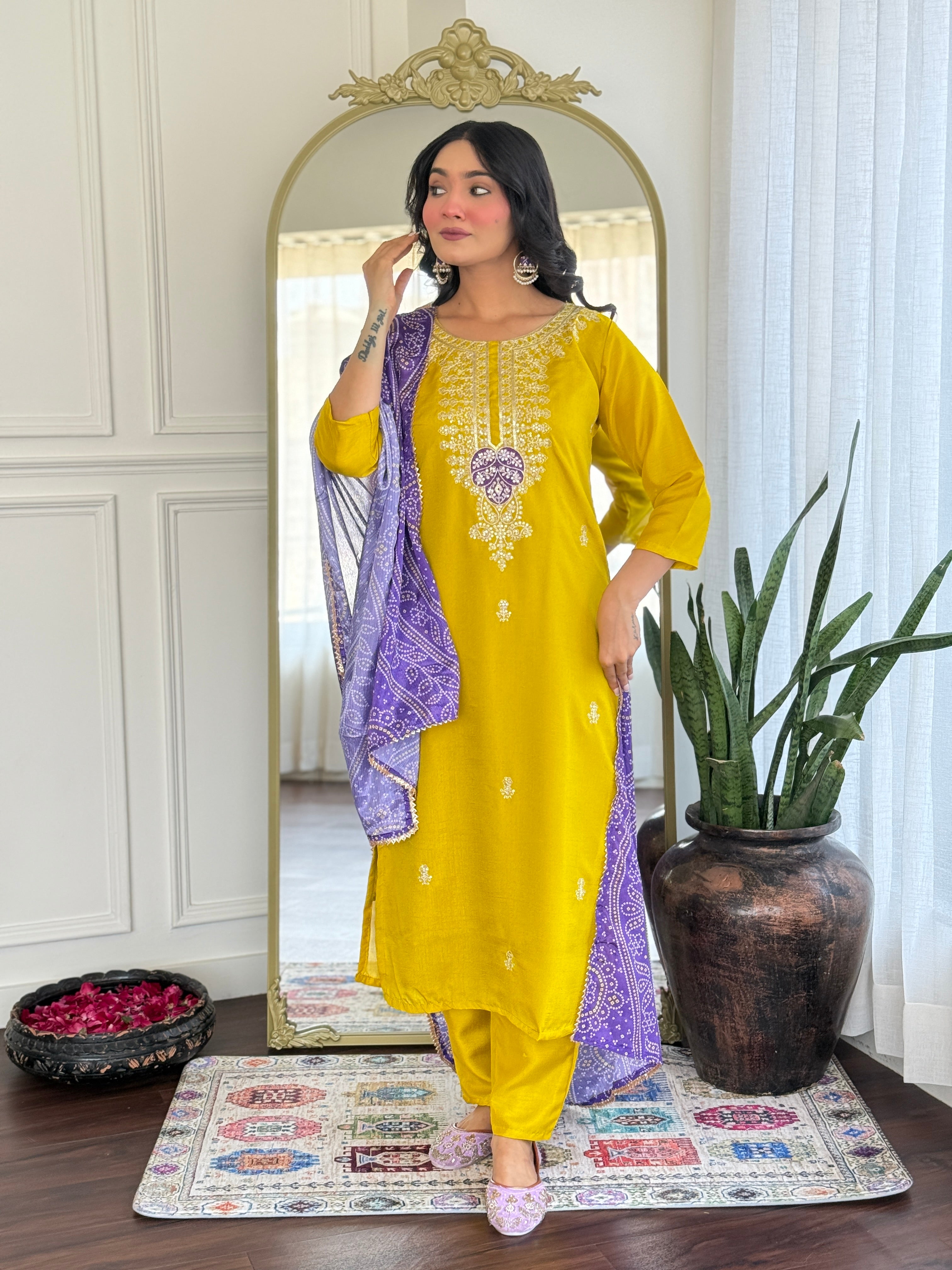 Mustard Vichitra Silk Embroidered Suit with Purple Digital Print Dupatta