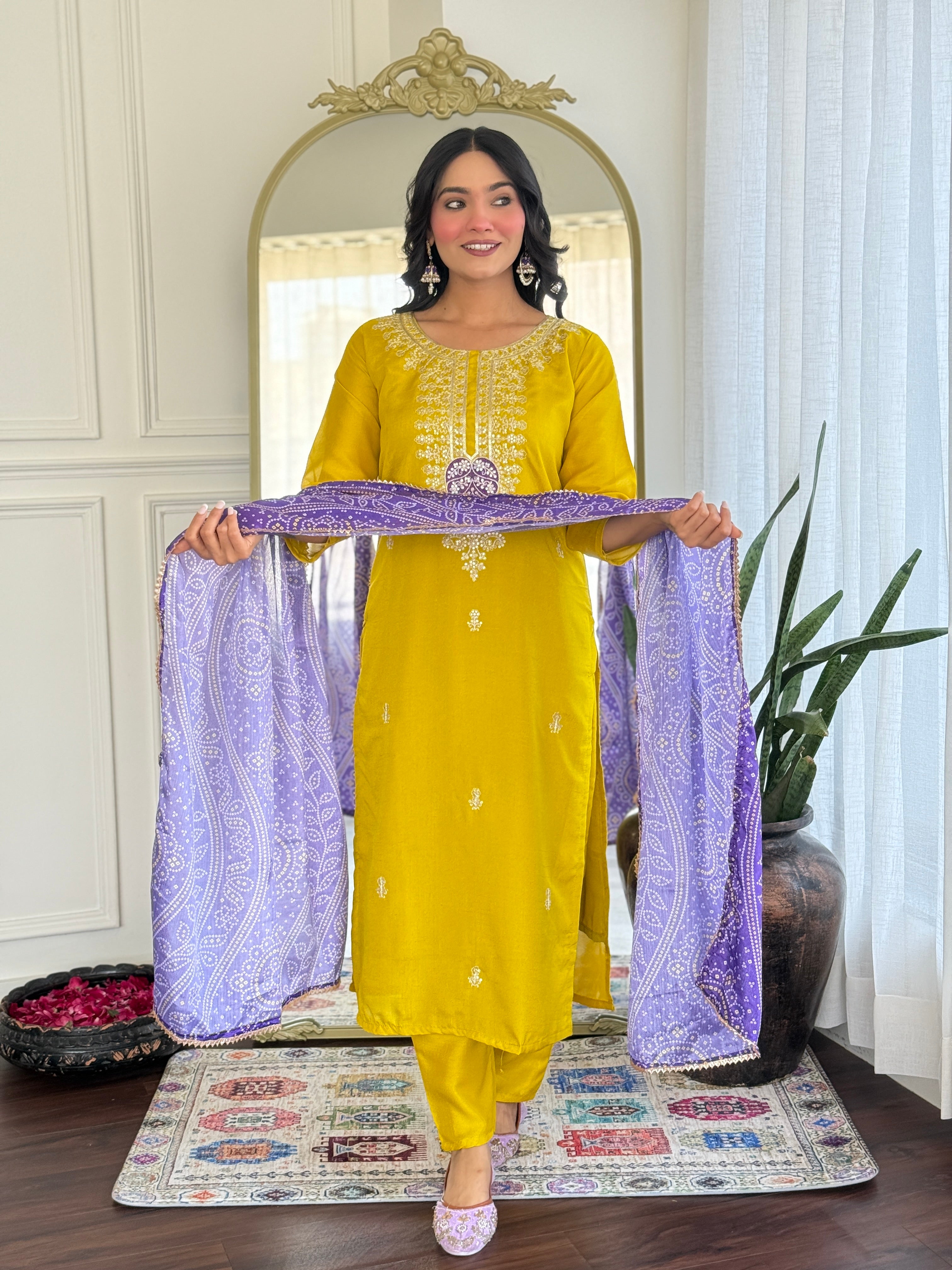 Mustard Vichitra Silk Embroidered Suit with Purple Digital Print Dupatta