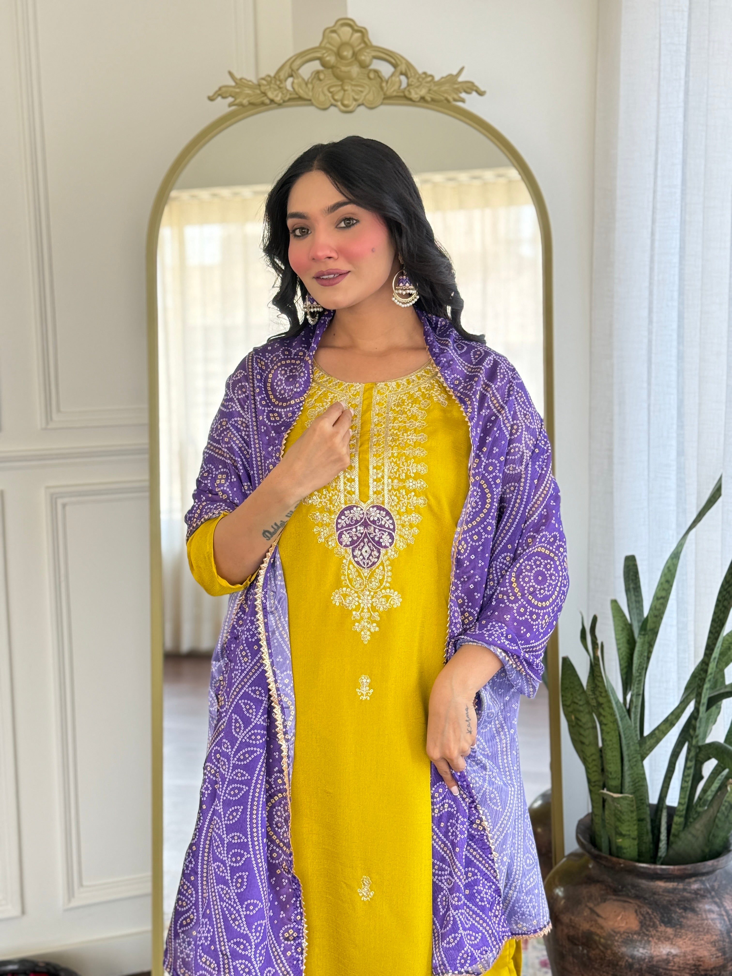 Mustard Vichitra Silk Embroidered Suit with Purple Digital Print Dupatta