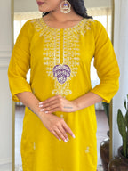 Mustard Vichitra Silk Embroidered Suit with Purple Digital Print Dupatta
